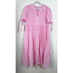 English Factory Tiered Gingham Midi Dress Size 2X Pink Puff Sleeve Boho Cottage